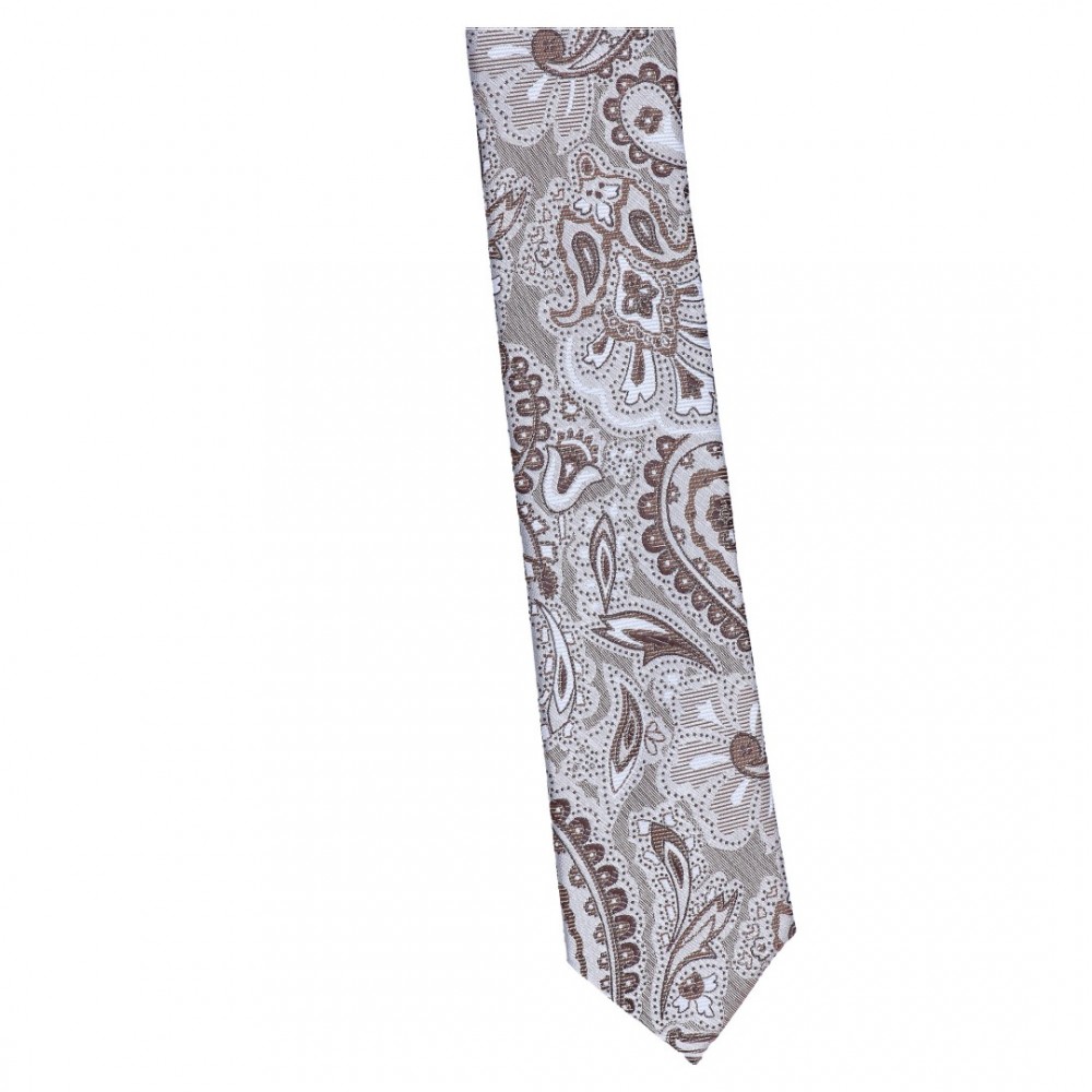 Krawat Wąski Beżowy Z Brązem - Floral