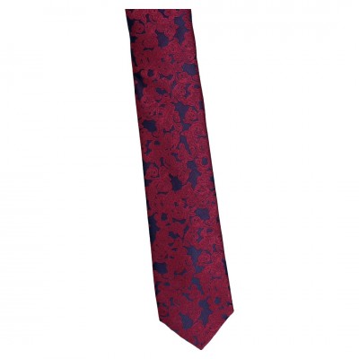 Krawat Wąski Granat Ciemny Czerwony - Floral
