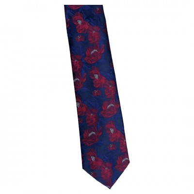 Krawat Szeroki Granatowy Czerwone Kwiaty - Floral