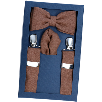 Komplet Lniany Szelki, Mucha i Poszetka Brązowy