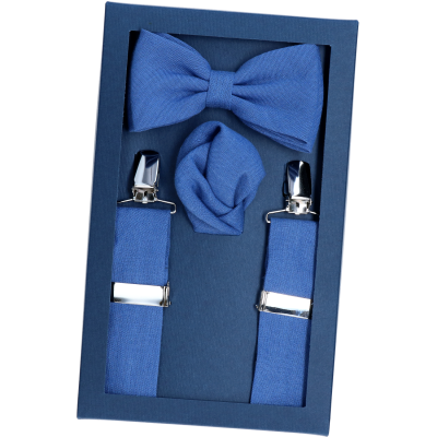 Komplet Lniany Szelki, Mucha i Poszetka Niebieski