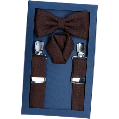 Komplet Lniany Szelki, Mucha i Poszetka Ciemny Brąz 2