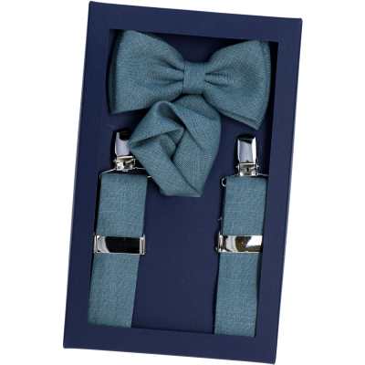 Komplet Lniany Szelki, Mucha i Poszetka Turkusowy 2