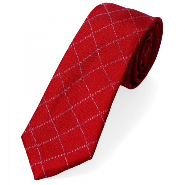 krawat jedwabny czerwony intensywny w delikatną błękitną  kratkę