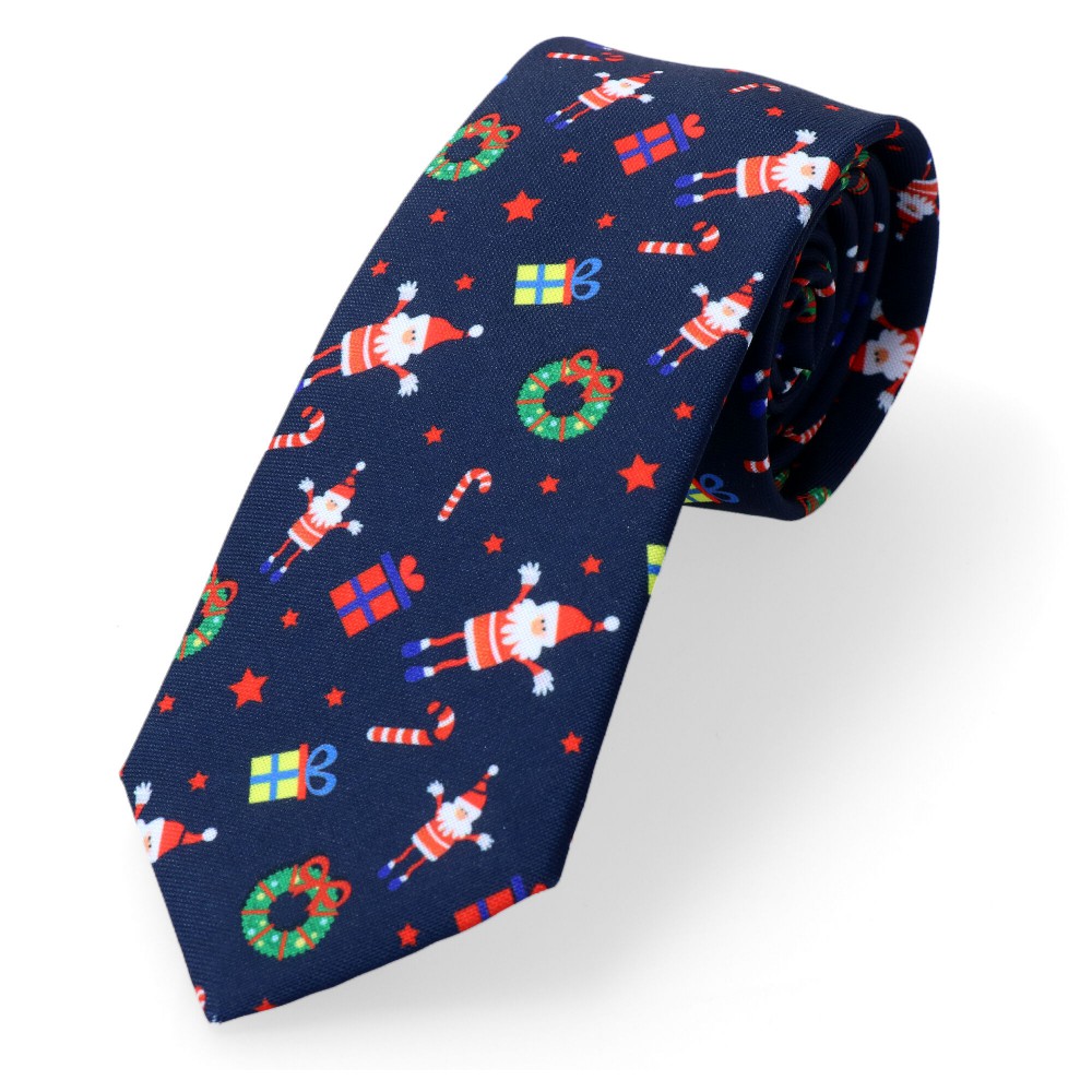 Krawat Granatowy świąteczny Mikołaje
