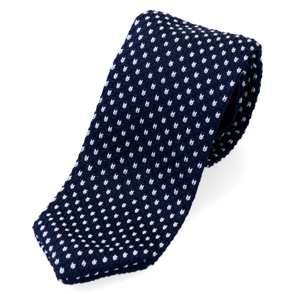 krawat knit z dzianiny granatowy w białe kropki