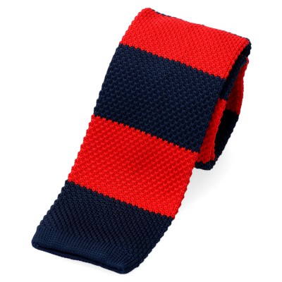 Krawat Knit - Krawat Z Dzianiny Wyraźne Szerokie  Granatowe Czerwone Pasy Alanina