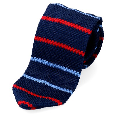 Krawat Knit Granatowy W Niebieskie I Czerwone Paski Agave