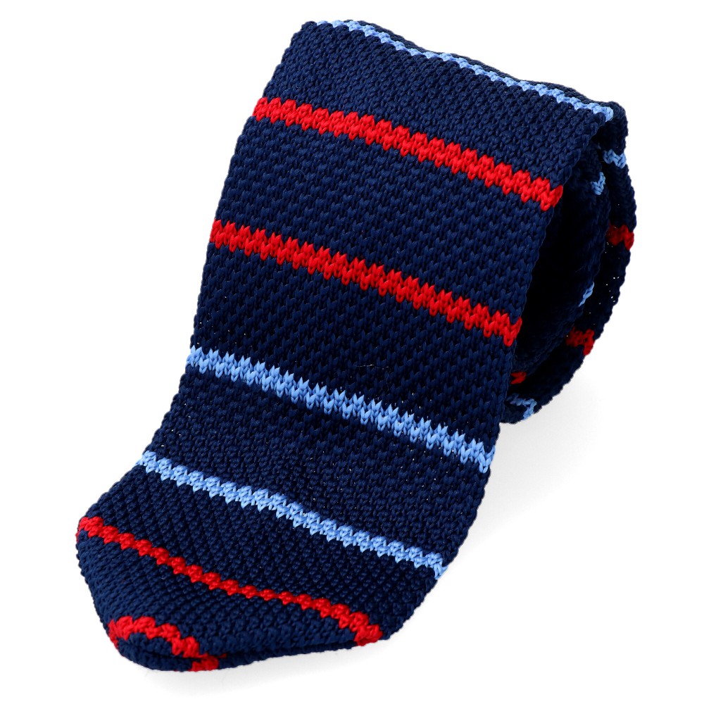 krawat knit granatowy w niebiesko czerwone paski