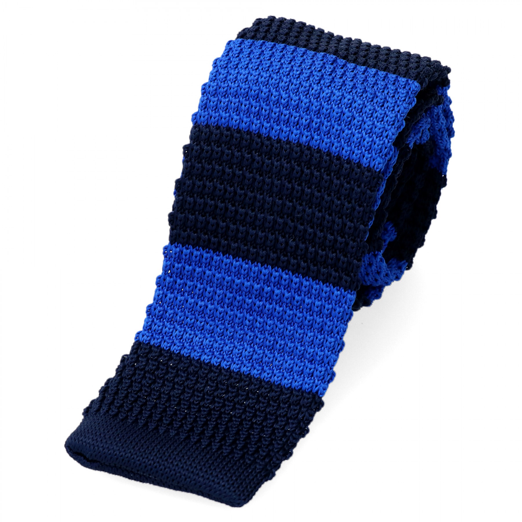 Krawat Knit - Krawat Z Dzianiny Grube Granatowo Niebieskie Pasy Agrifoglio