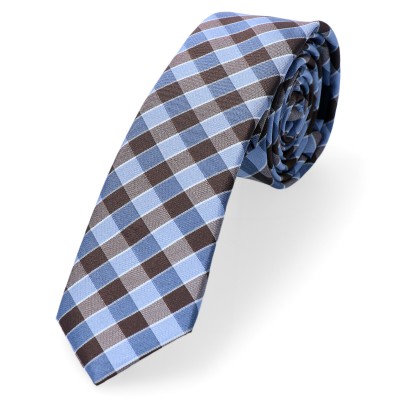 Krawat Wąski Niebieska Brązowa Gruba Krata Gattopardo