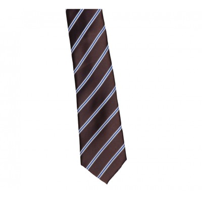 Krawat Poliester Szeroki - Brązowy W Granatowe Paski