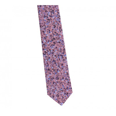 Krawat Prestiż Szeroki Bawełniany - Różowy W Błękitne Kwiatuszki
