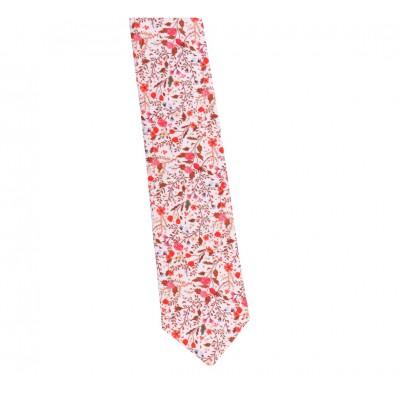Krawat Prestiż Szeroki Bawełniany -  Kremowy W Czerwone Kwiatuszki