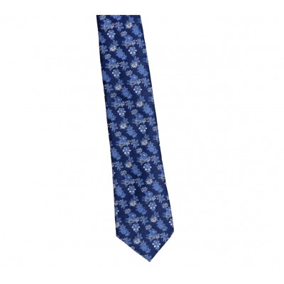 Krawat Poliester Szeroki - Granatowy W Błękitne Kwiatuszki