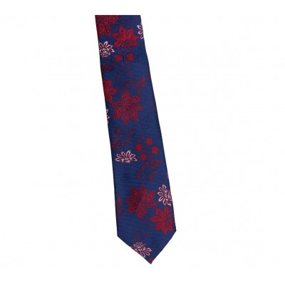 Krawat Poliester Szeroki - Granatowy Z Czerwonym Kwiatem