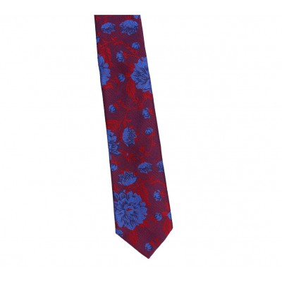 Krawat Poliester Szeroki - Bordowy Z Niebieskim Kwiatem