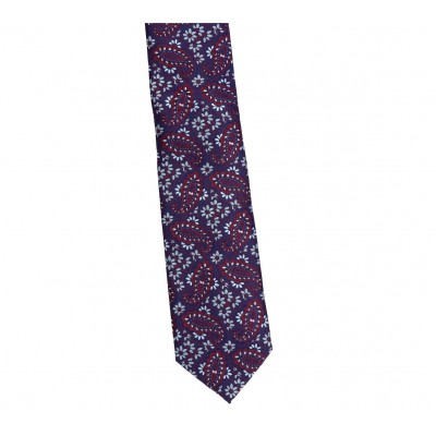 Krawat Poliester Szeroki - Granatowy Z Bordowym Wzorem Paisley I Szarymi Kwiatuszkami