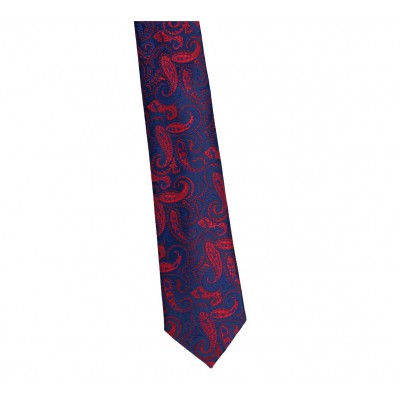 Krawat Poliester Szeroki - Granatowy W Czerwony Wzorek Paisley