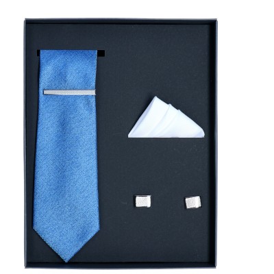 zestaw prezentowy  błękitny krawat z białą poszetką i spinkami