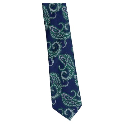krawat szeroki granatowy - paisley zielony