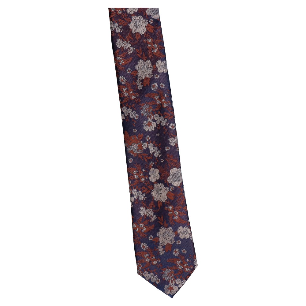krawat wąski granatowy - kwiatek rudy