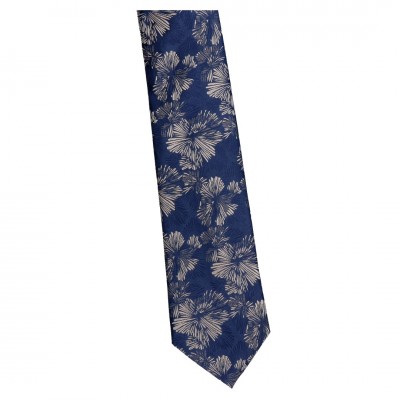 Krawat Szeroki Granatowy z Beżowym Kwiatem