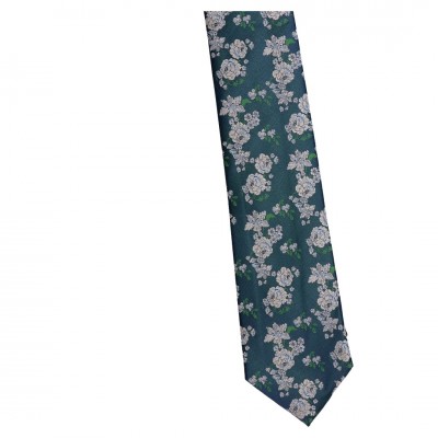 Krawat Szeroki Ciemno- Zielony Z Beżowym Kwiatkiem