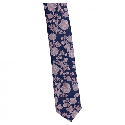 Krawat Wąski Granatowy z Różowym Kwiatkiem