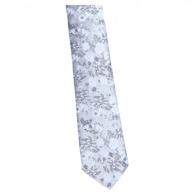 Krawat Szeroki Srebrny Z Białym - Kwiatek