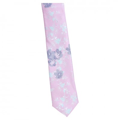 Krawat Wąski Różowy Z Grafitowym Kwiatkiem