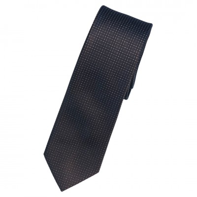Krawat Wąski Brązowy  Ze Srebrną Kropeczką - Premium