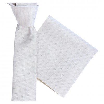 Krawat Ślubny Wąski Beżowy W Złote Kropeczki Z Poszetką - Premium