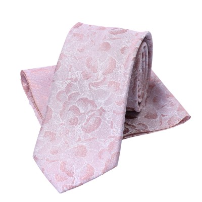 Krawat Ślubny Szeroki Różowy Ze Srebrnym Kwiatuszkiem Z Poszetką - Premium