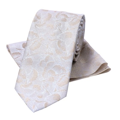 Krawat Ślubny Szeroki Beżowy Ze Srebrnym Kwiatem Z Poszetką - Premium