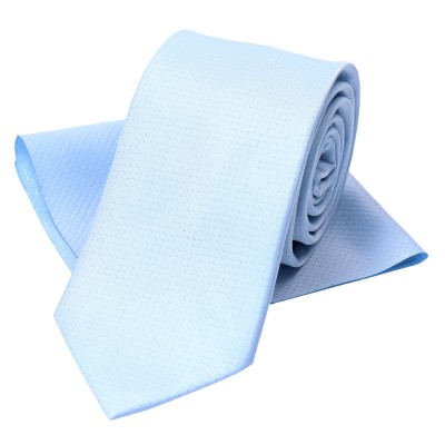 Krawat Ślubny Wąski Błękitny Ze Srebrną Kropeczką Z Poszetką - Premium