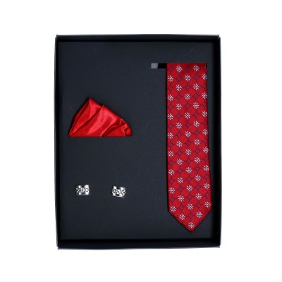Zestaw Prezentowy Czerwony - Krawat + Poszetka + Spinki W Czarnym Pudełku