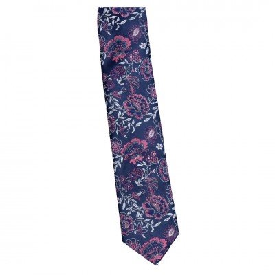 Krawat Wąski Granatowy Z Różowymi Kwiatkami - Pietro
