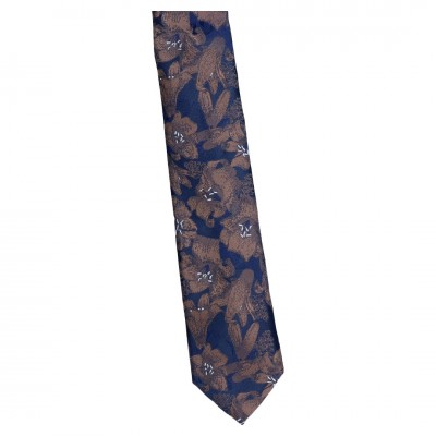 Krawat Wąski Granatowy z Brązowym Kwiatkiem - Roberto