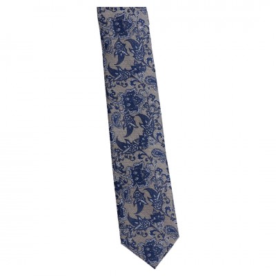 Krawat Wąski Beżowy - Granatowy Floral - Tiziano