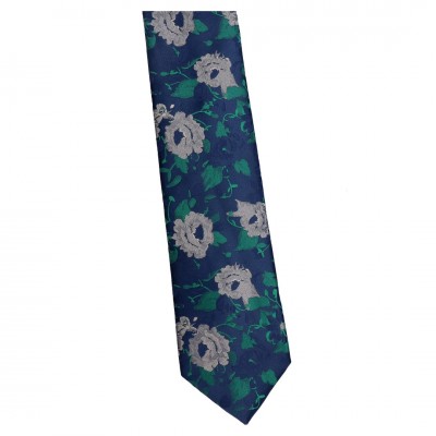 Krawat Szeroki Granatowy Z Zielonymi Listkami i Beżowymi Kwiatkami - Francesco